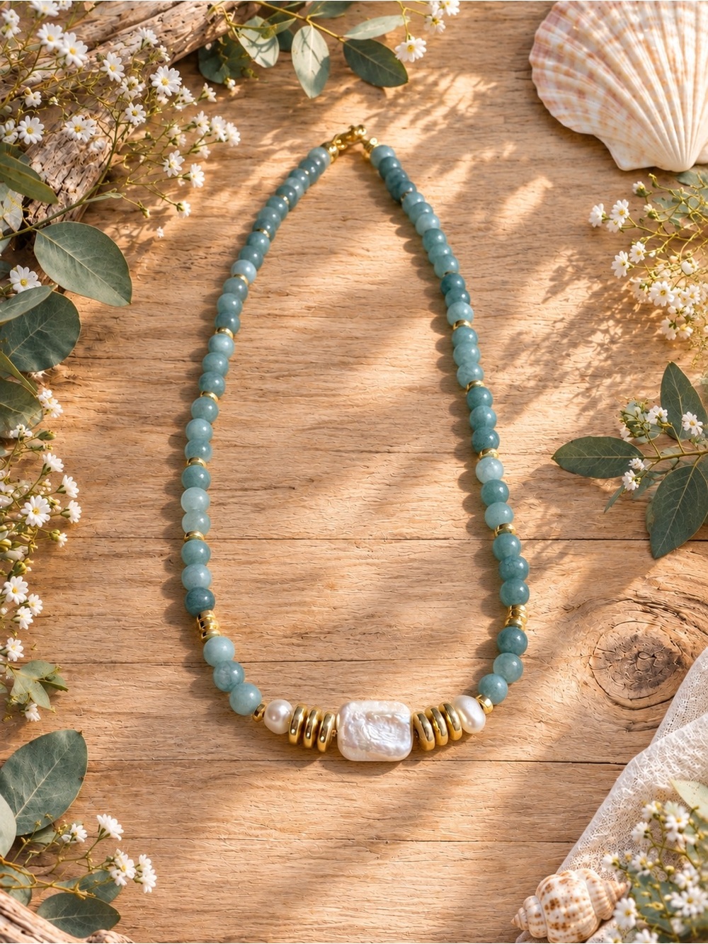 Handcrafted Dark Aquamarine Beaded Necklace with Freshwater Pearl & Gold Accents